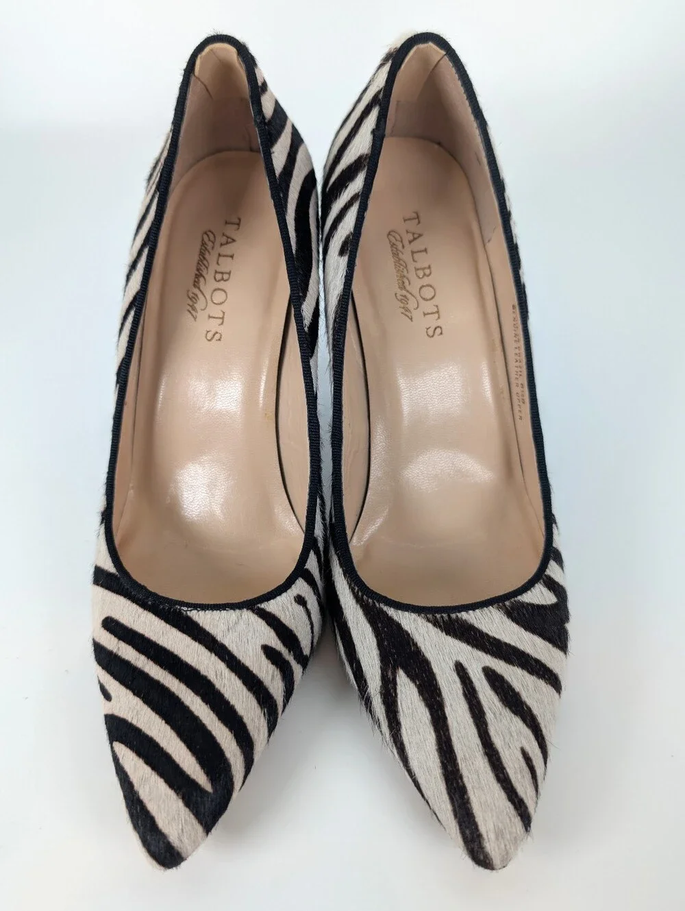 Talbots Zebra Leather Pointy Toe Pump Heels Brown Black White Cream Size 6.5